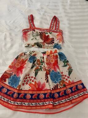 SHEIN Tropical Bird Floral Matching Set Crop Top Skort Shorts Women’s XS Boho
